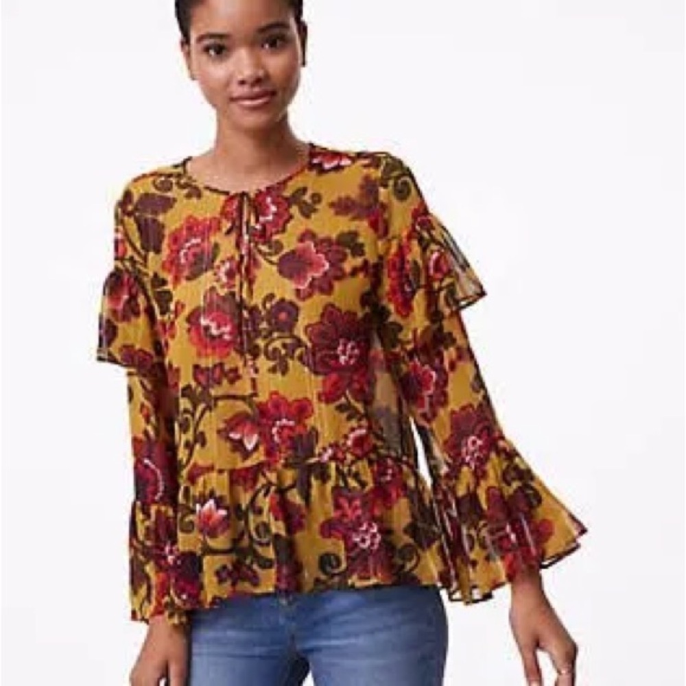 Loft Woodland Bell Sleeve Blouse Top Sheer Floral Print Mustard Yelloww Boho L